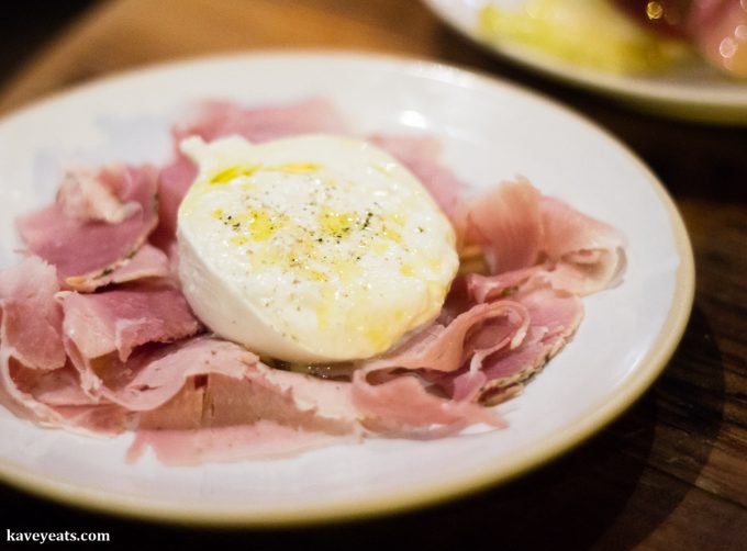 Buratta and ham at Flour and Grape Pasta Restaurant in Bermondsey, London