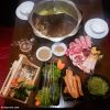 Twin Broth Hot Pot and Ingredients from Overhead at Hot Pot Restaurant China Town London on Kavey Eats