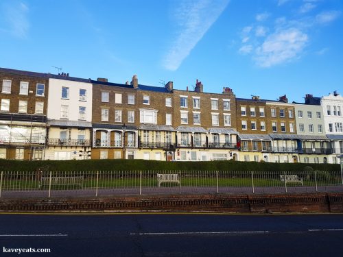 Panorama of Georgian terrace including Royal Harbour Hotel and The Empire Room restaurant in Ramsgate