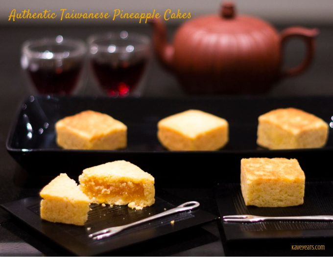 Taiwanese pineapple cakes in serving dish, individual ones on plates, and tea and tea pot behind