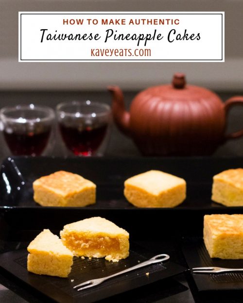 Taiwanese pineapple cakes in serving dish, individual ones on plates, and tea and tea pot behind