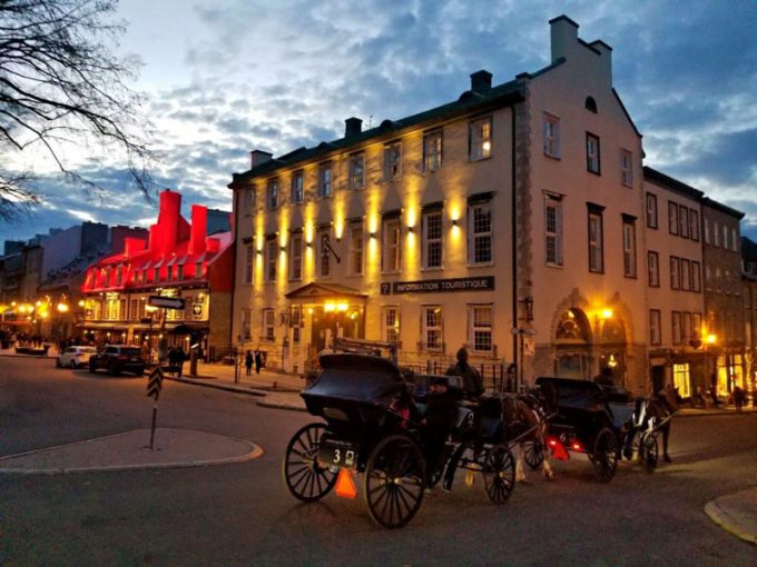 Horse-drawn carriage in Quebec City of an evening