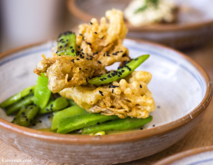 Crispy enoki, runnerbeans, miso and sesame at Nook restaurant in Cardiff