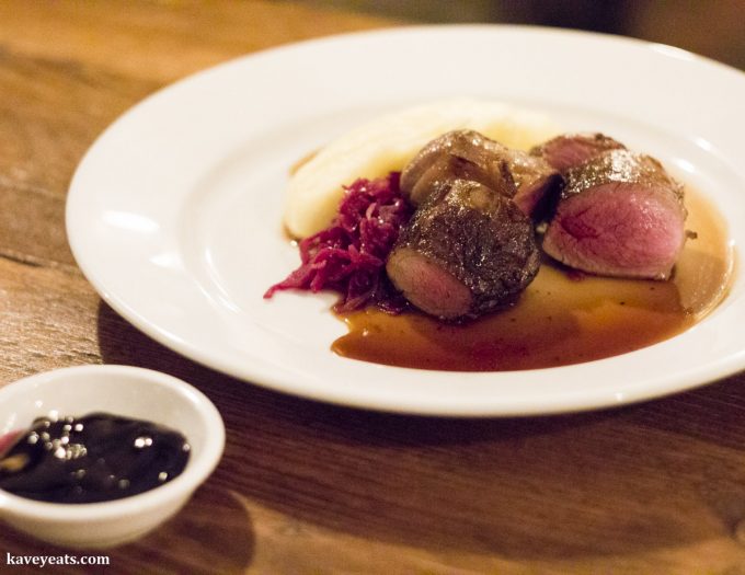 Fallow Deer Venison, Red Cabbage, Mash, Damson Jelly
