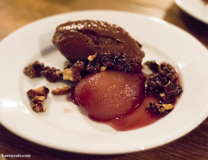 Chocolate Mousse, Red Wine Poached Pear, Candied Walnuts