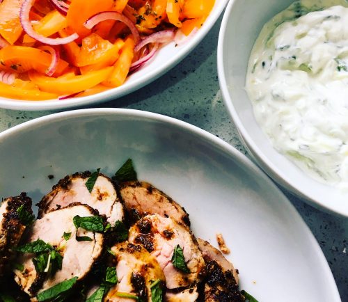 Thyme, Oregano and Fenugreek Pork Fillet with Tsatziki, Tomato and Onion Salad