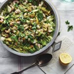 Green couscous with prawns recipe from Roasting Pan Suppers by Rosie Sykes