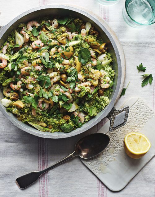 Green couscous with prawns recipe from Roasting Pan Suppers by Rosie Sykes