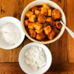Chewy Rice Cakes & Tofu Puffs in Gochujang Sauce