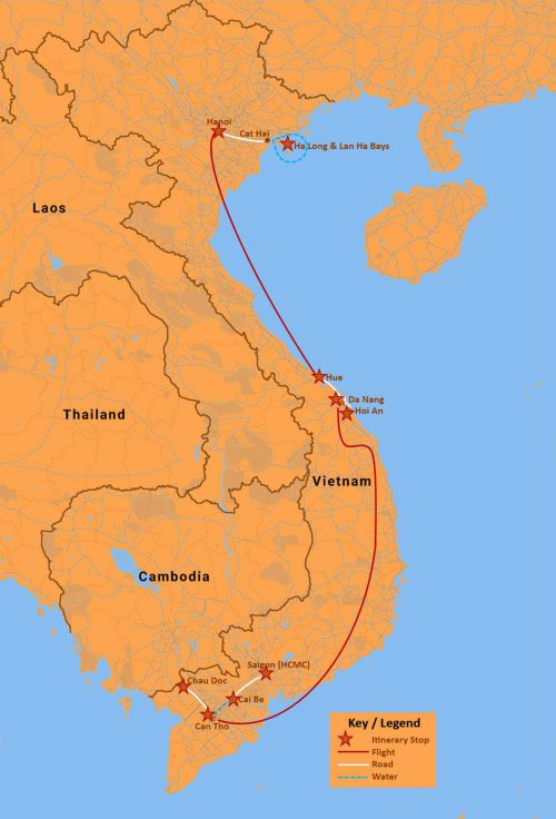 Map of Vietnam showing the itinerary stops and modes of travel