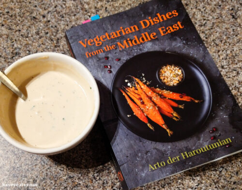 Vegetarian Dishes of the Middle East by Arto der Haroutunian and dish of tarator (tahini sauce)