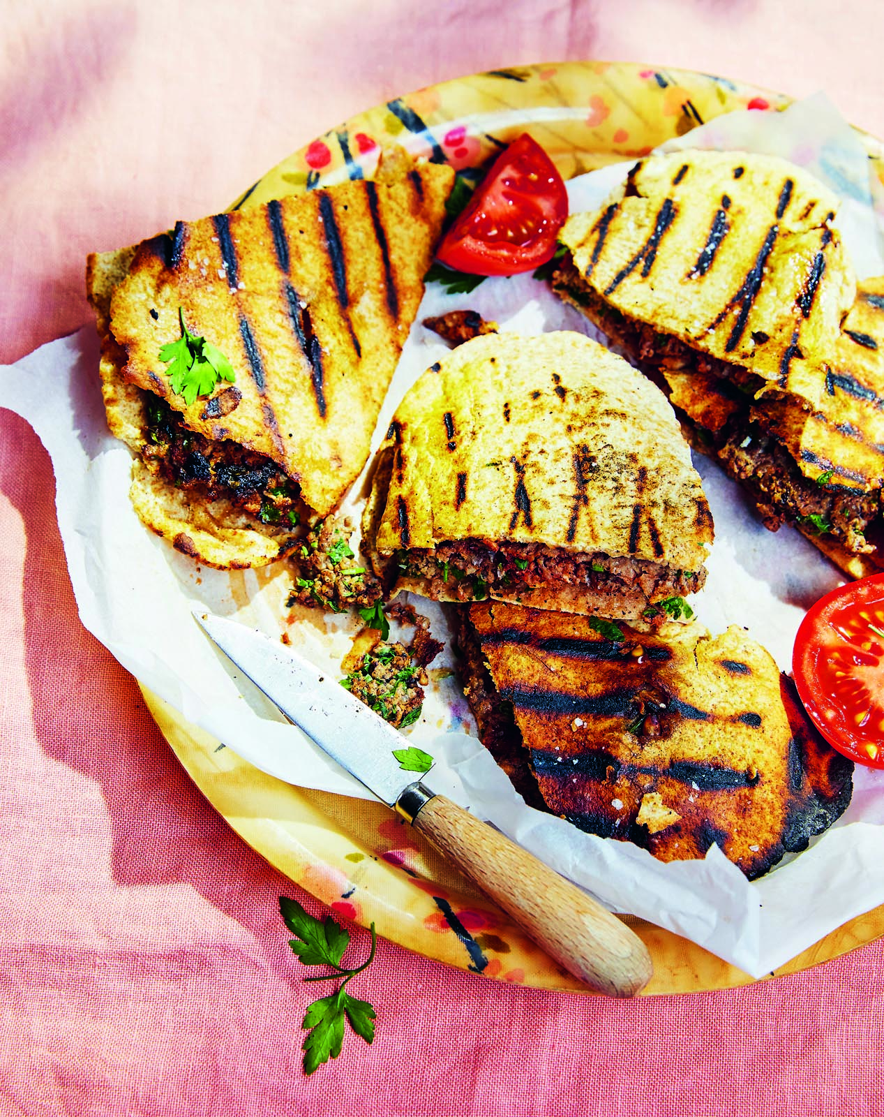 Griddled pita stuffed with sumac-spiced meat