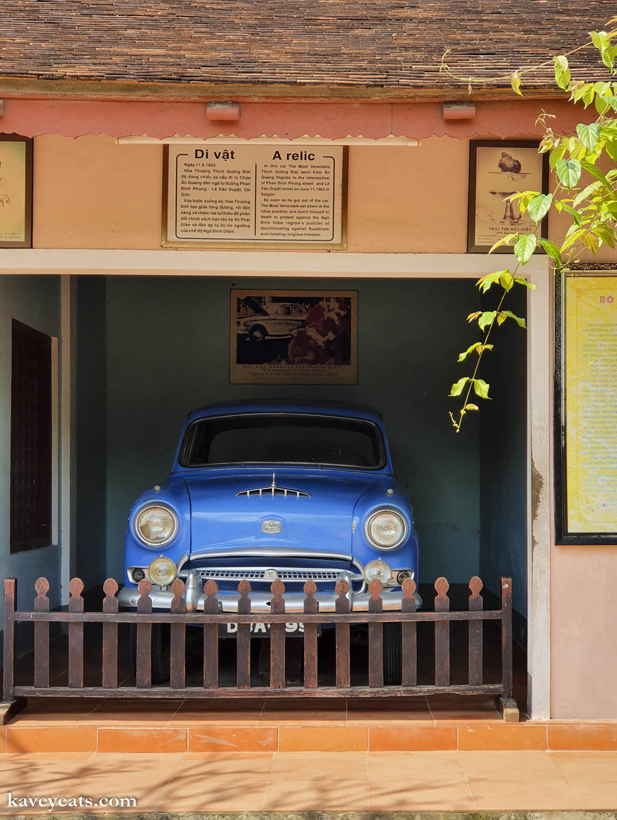 Blue Austin Car in which Buddhist Monk Thich Quang Duc was driven to Saigon in 1963, and burned himself in protest against the Diem Regime (Hue, Vietnam)