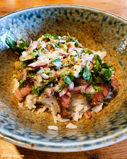 Toasted Rice Powder over Thai Grilled Beef Salad