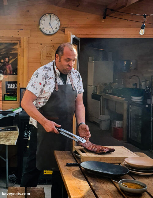Taking the cooked ribs off the BBQ - Marcus Bawdon's Country Wood Smoke UK BBQ School (Kavey Eats)