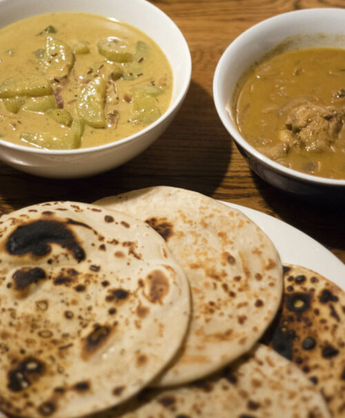 Leena's Cucumber Curry, Red Chicken Curry and Coiled Rotis