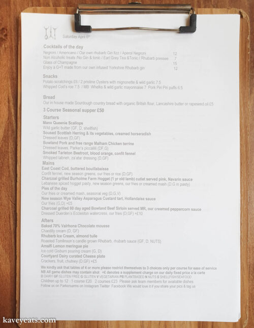 Parkers Arms menu